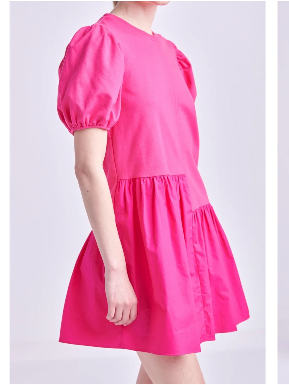 ENGLISH FACTORY Mixed Media Pink Fuschia Mini Dress Sweet Puff Sleeve‎ S